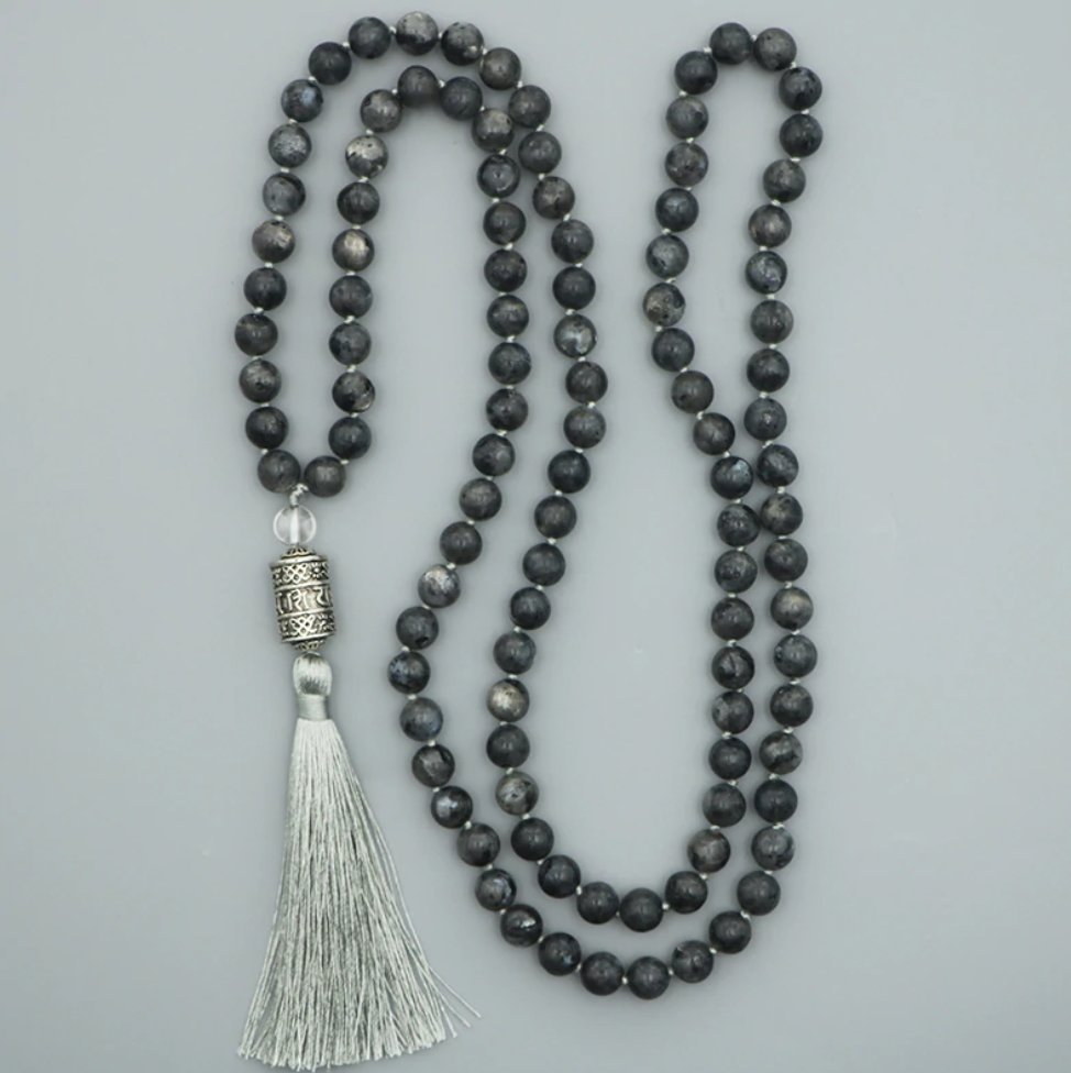 Natural Labradorite Beaded Long Mala Necklace Six True Words OM Mantra Grey - Egret Jewellery