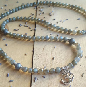 Labradorite Beaded Wrap Bracelet, Mala Beads Necklace Yoga Gemstone Om Grey - Egret Jewellery