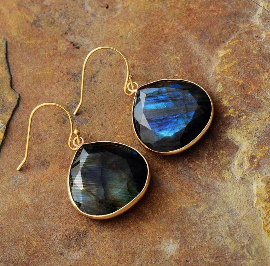 Large Natural Gemstone Labradorite Gold Dangle Drop Boho Earrings - Egret Jewellery