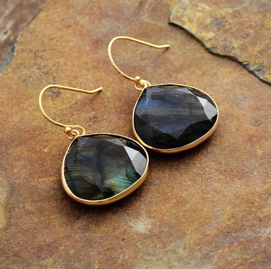 Large Natural Gemstone Labradorite Gold Dangle Drop Boho Earrings - Egret Jewellery