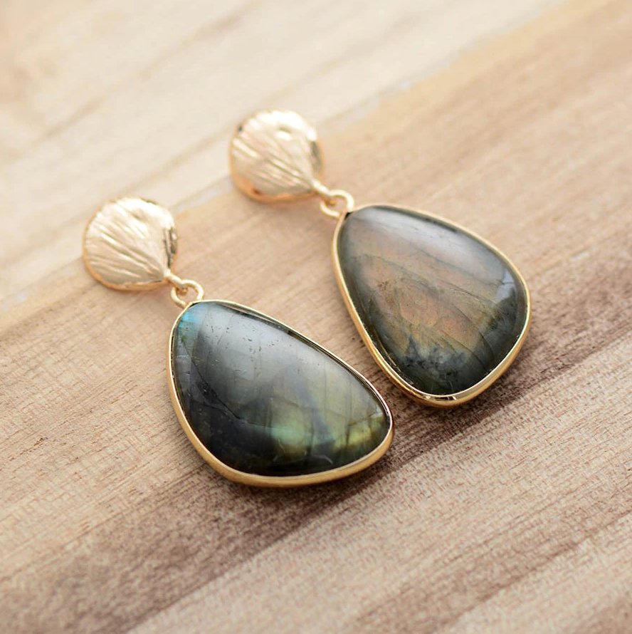 Large Natural Gemstone Labradorite Gold Shell Dangle Drop Earrings Boho - Egret Jewellery