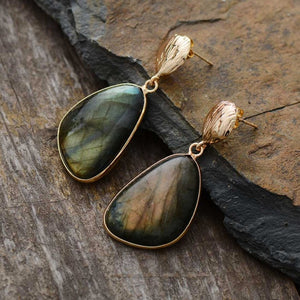Large Natural Gemstone Labradorite Gold Shell Dangle Drop Earrings Boho - Egret Jewellery
