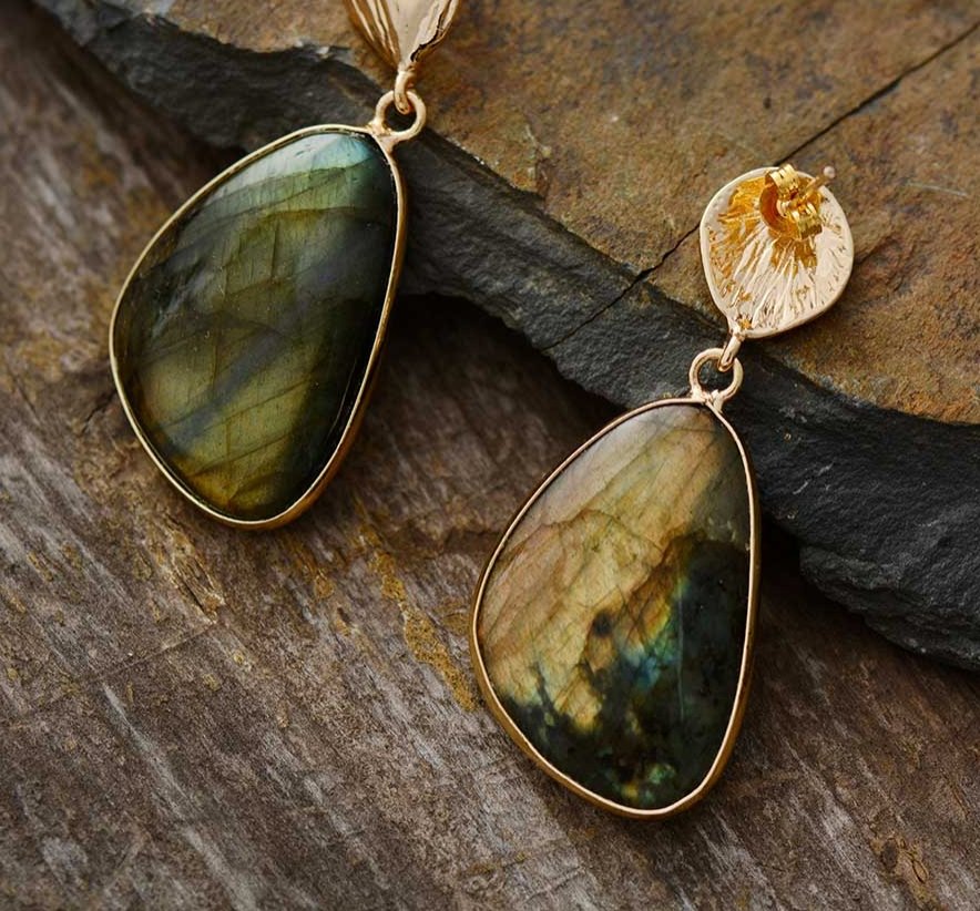 Large Natural Gemstone Labradorite Gold Shell Dangle Drop Earrings Boho - Egret Jewellery
