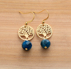 Large Natural Gemstone Labradorite Gold Tree of Life Dangle Drop Earrings Boho - Egret Jewellery