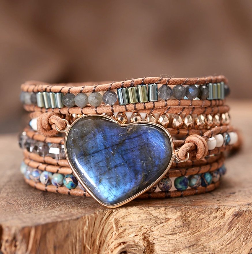 Natural Gemstone Beaded Labradorite Heart Geode | Wrap Bracelet Hematite Grey - Egret Jewellery