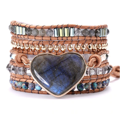 Natural Gemstone Beaded Labradorite Heart Geode | Wrap Bracelet Hematite Grey - Egret Jewellery