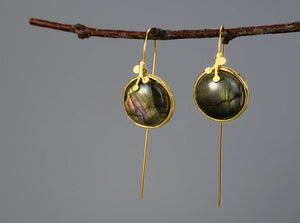 Natural Gemstone Labradorite Leaf Gold Dipped Silver Dangle Drop Hook Earrings - Egret Jewellery