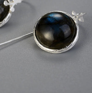 Natural Gemstone Labradorite Leaf Sterling Silver Dangle Drop Hook Earrings - Egret Jewellery