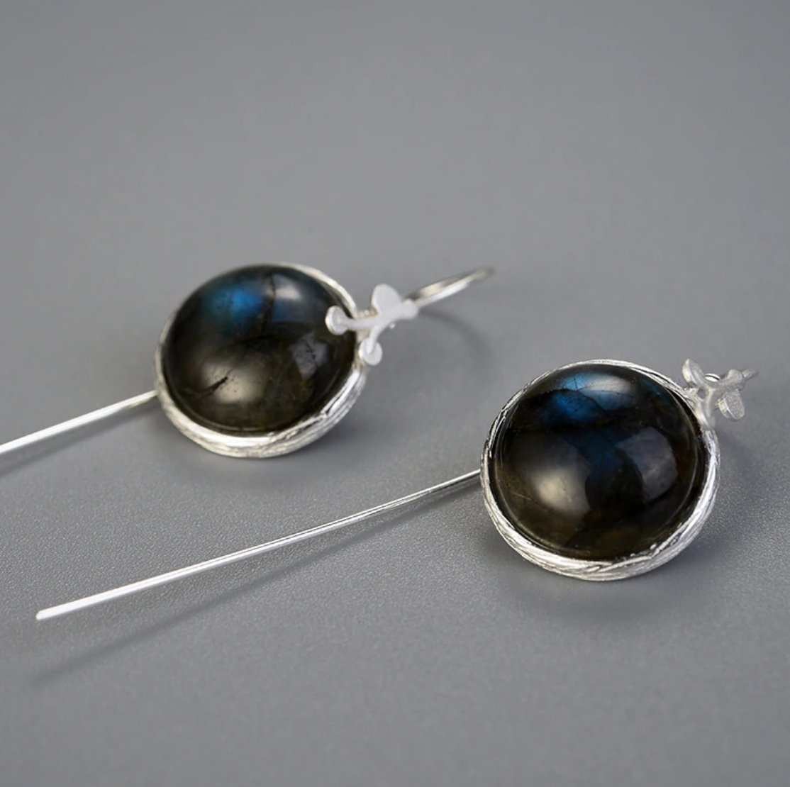 Natural Gemstone Labradorite Leaf Sterling Silver Dangle Drop Hook Earrings - Egret Jewellery
