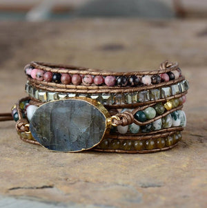 Natural Stone Beaded Labradorite Beads Druzy Wrap Bracelet Geode Moss Agate - Egret Jewellery