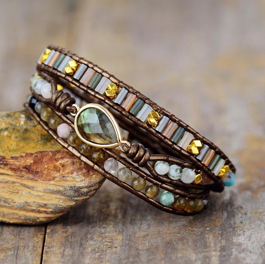 Natural Stone Beaded Labradorite Druzy Geode Wrap Bracelet Moss Agate Jasper - Egret Jewellery