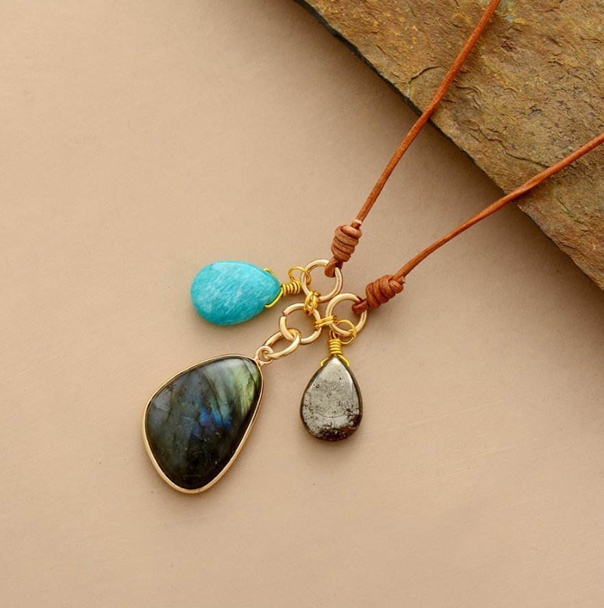 Natural Labradorite | Pyrite | Amazonite Charm Leather Pendant Necklace 18" - Egret Jewellery