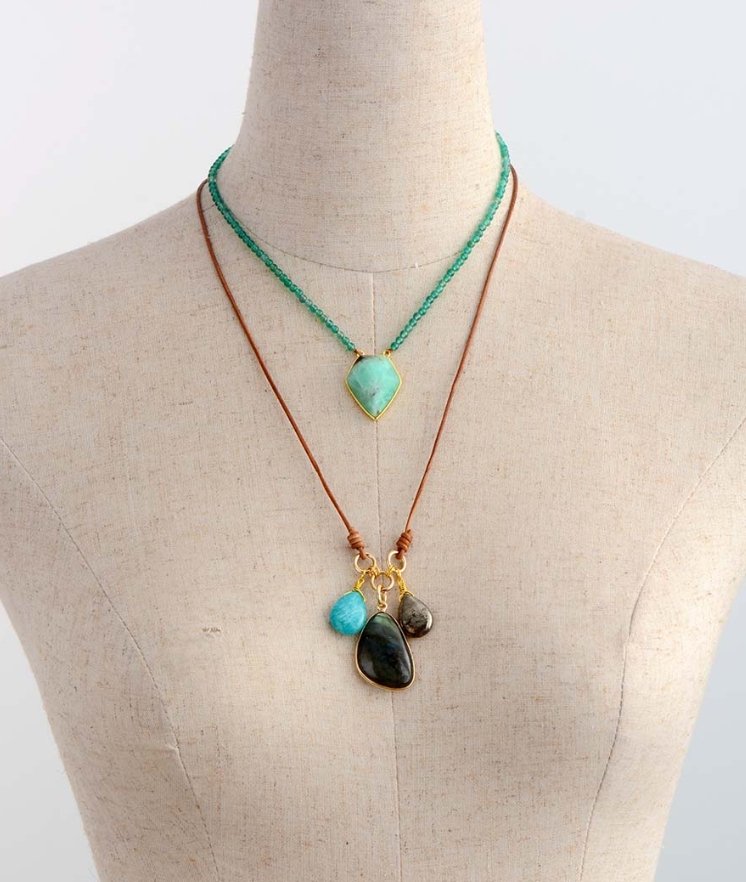 Natural Labradorite | Pyrite | Amazonite Charm Leather Pendant Necklace 18" - Egret Jewellery