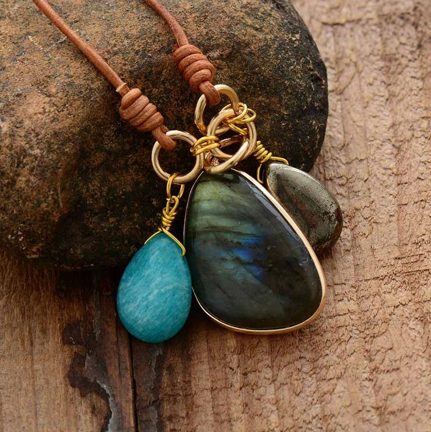 Natural Labradorite | Pyrite | Amazonite Charm Leather Pendant Necklace 18" - Egret Jewellery