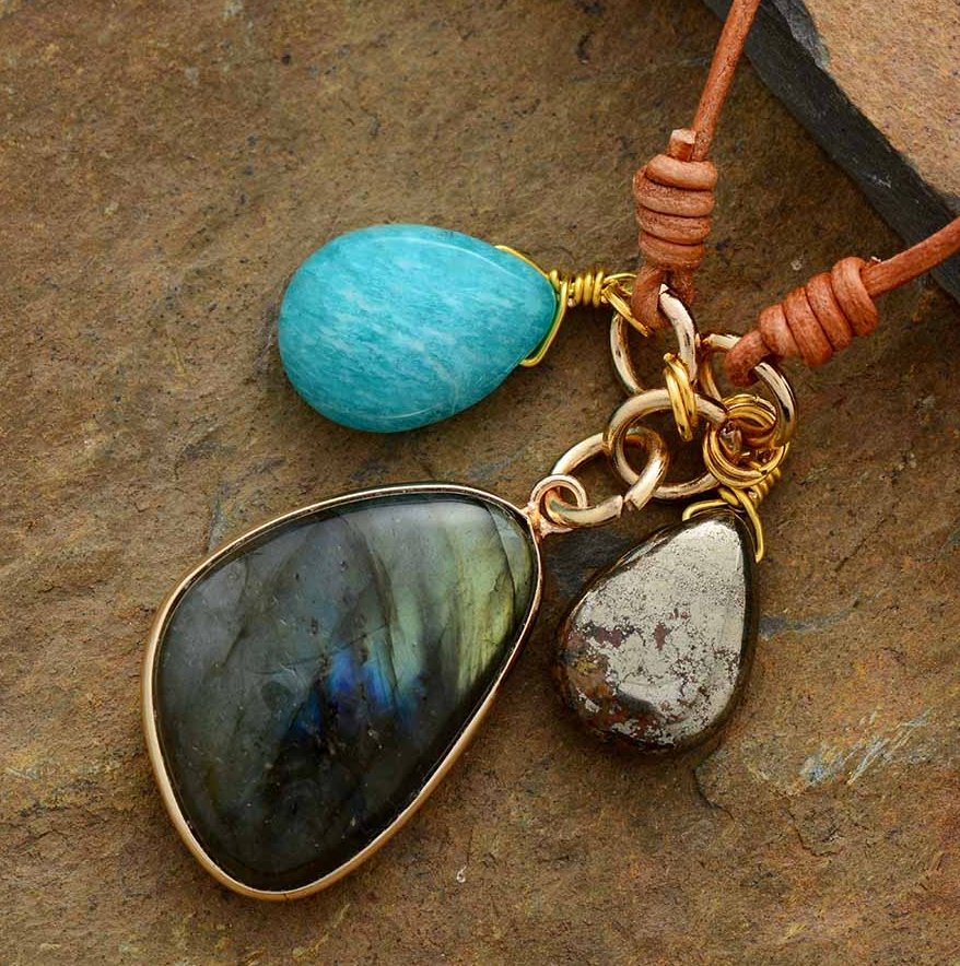 Natural Labradorite | Pyrite | Amazonite Charm Leather Pendant Necklace 18" - Egret Jewellery