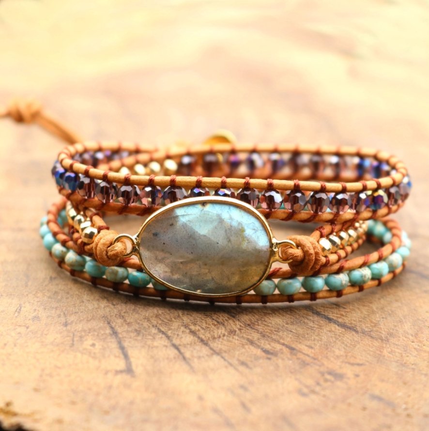 Natural Stone Beaded Labradorite Druzy Geode Wrap Bracelet Turquoise - Egret Jewellery