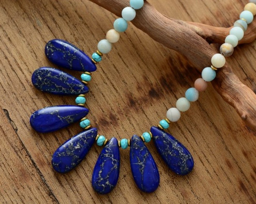 Natural Lapis Lazuli and Amazonite Beaded Choker Necklace - Egret Jewellery