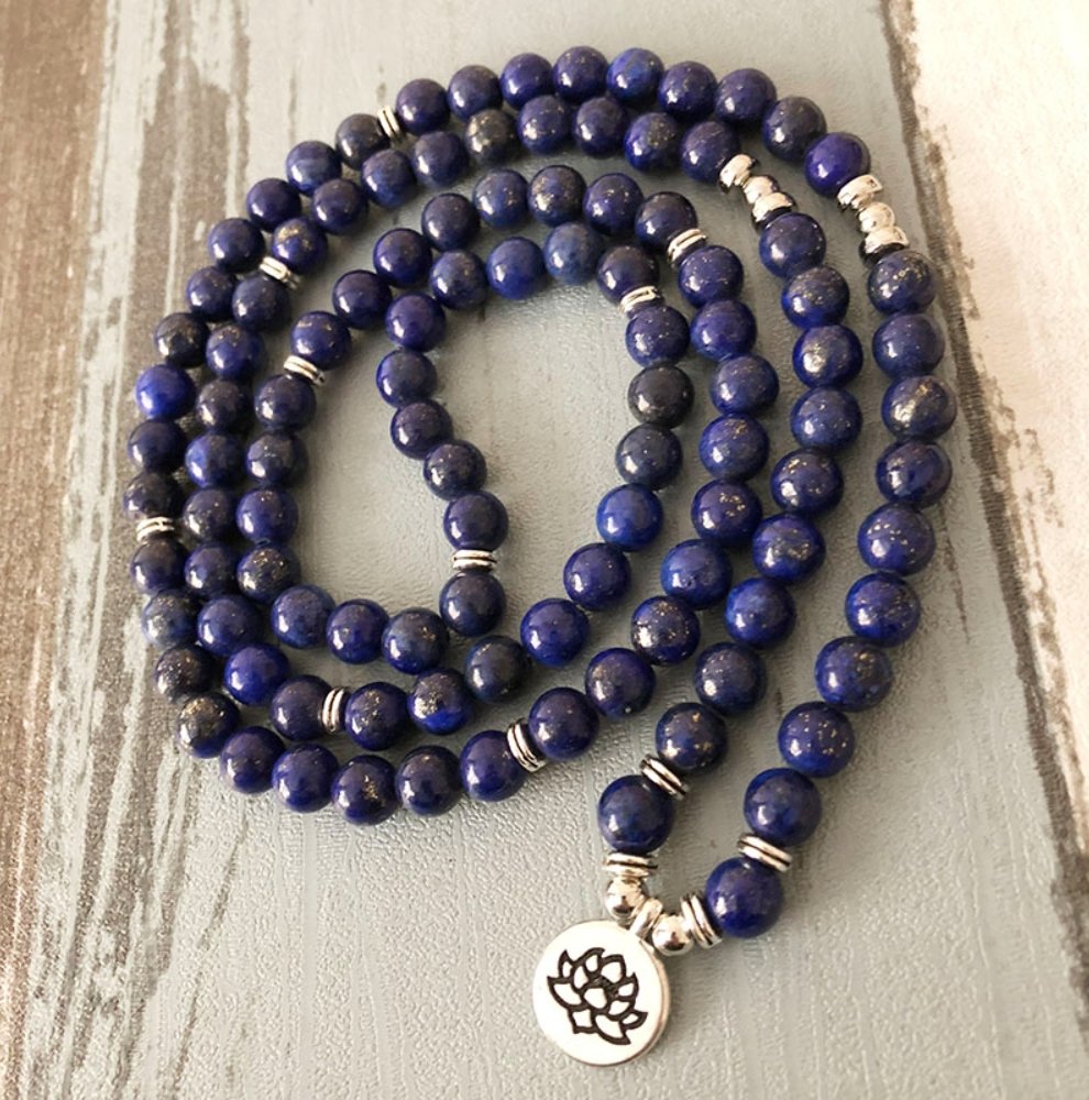 Lapis Lazuli Beaded Wrap Bracelet, Mala Beads Lotus Necklace - Egret Jewellery