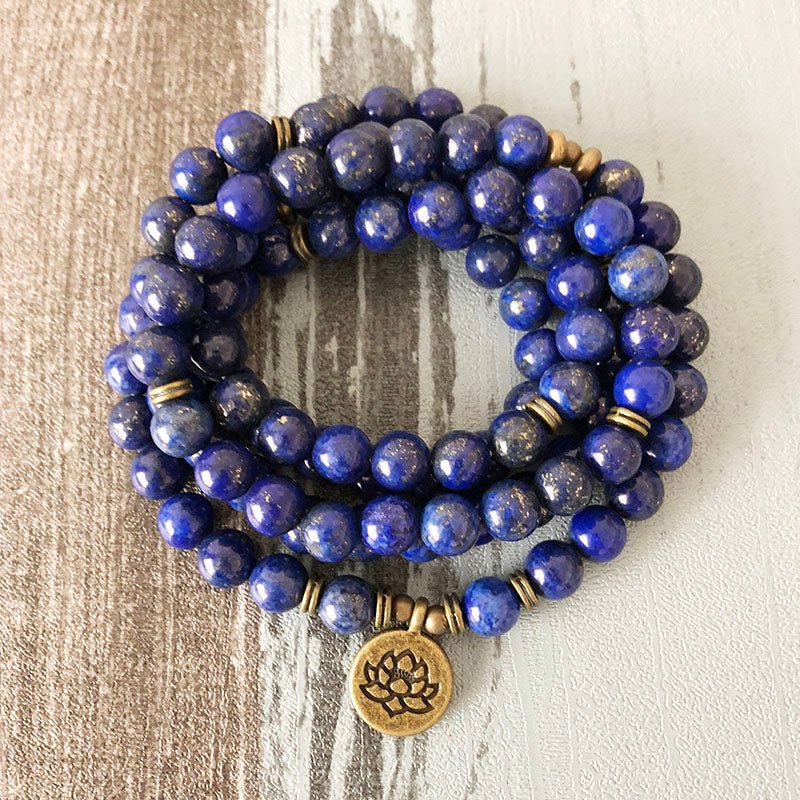 Lapis Lazuli Beaded Wrap Bracelet, Mala Beads Lotus Necklace - Egret Jewellery