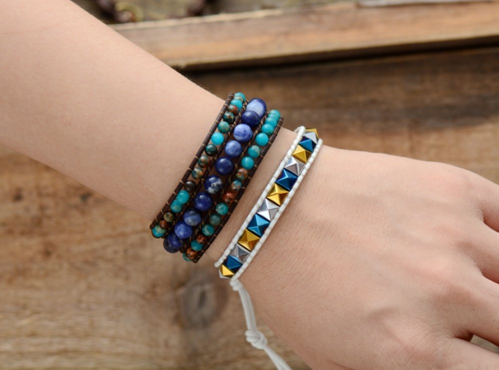 Natural Lapis Lazuli & Imperial Jasper Beaded Wrap | Cuff Bracelet - Egret Jewellery