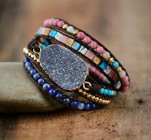 Natural Stone Lapis Lazuli Druzy Geode Slice Wrap Bracelet - Egret Jewellery
