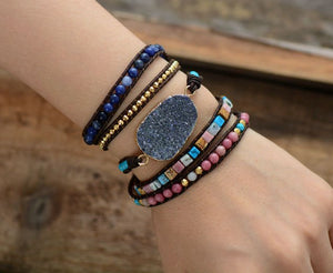 Natural Stone Lapis Lazuli Druzy Geode Slice Wrap Bracelet - Egret Jewellery