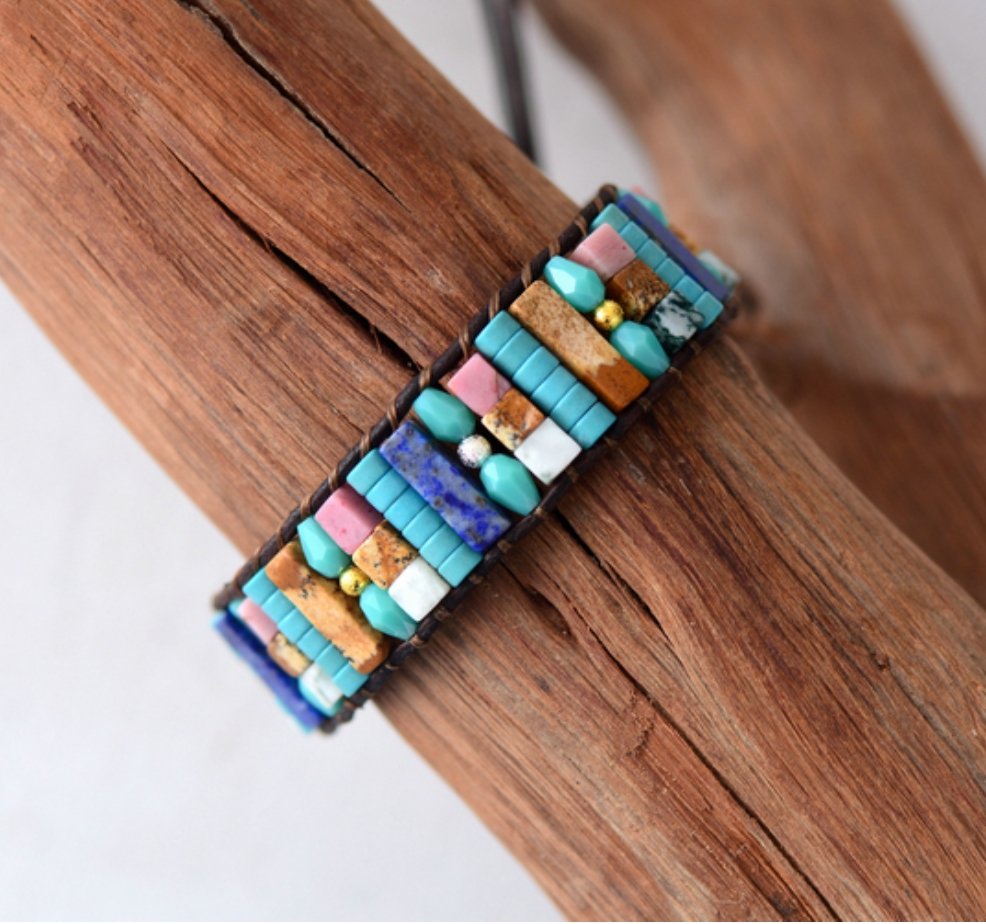 Oblong Lapis Lazuli & Turquoise Leather Gemstone Beaded Cuff Bracelet - Egret Jewellery