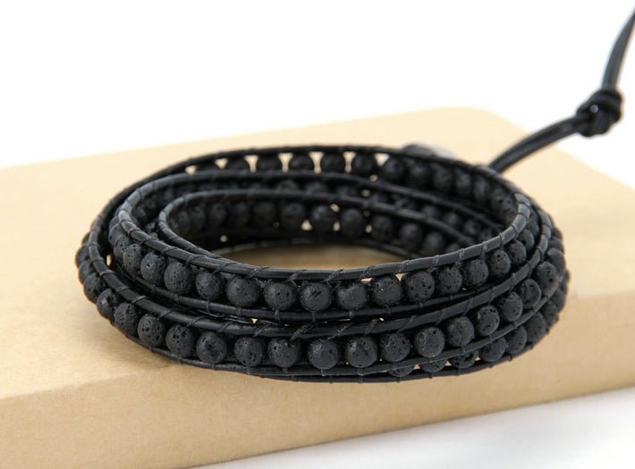 Natural Black Lava Rock Beaded Stone Leather Cuff Bracelet Men's - Egret Jewellery