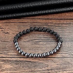 Black Lava Rock & Silver Hematite Beaded Cuff Bracelet | Men's - Egret Jewellery