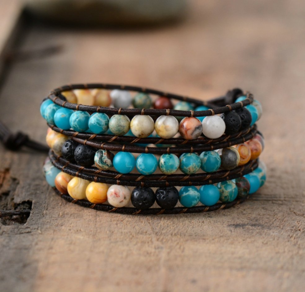 Natural Lava Rock & Imperial Jasper Beaded Wrap Bracelet - Egret Jewellery