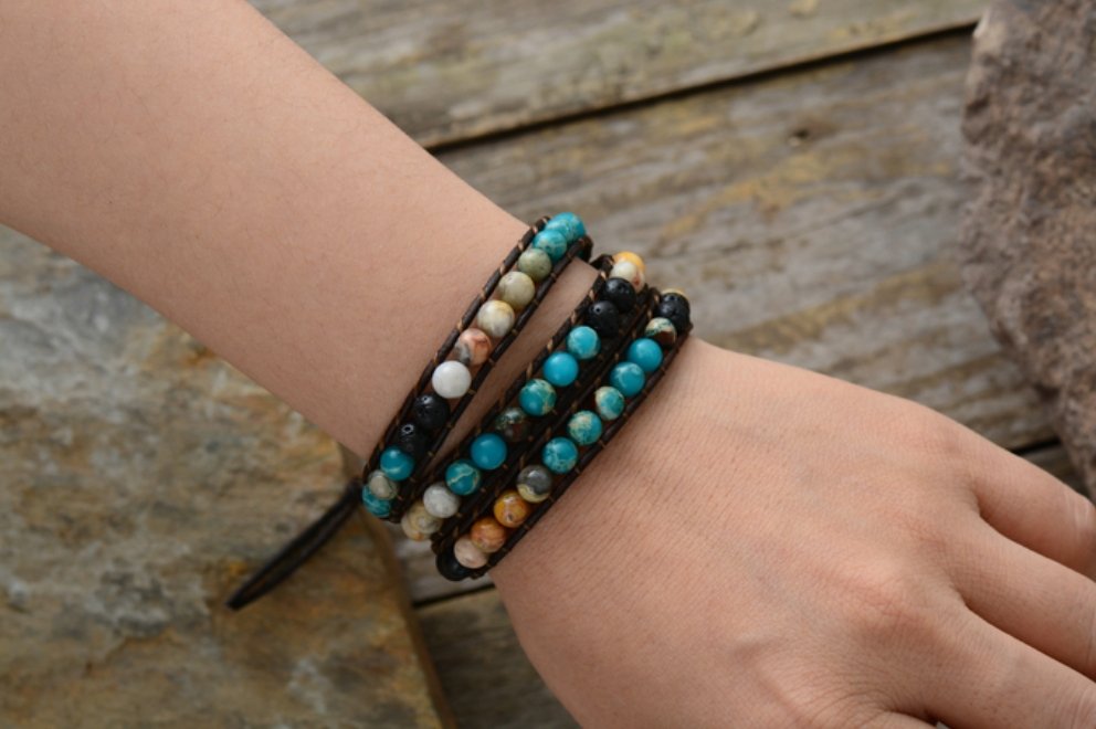 Natural Lava Rock & Imperial Jasper Beaded Wrap Bracelet - Egret Jewellery