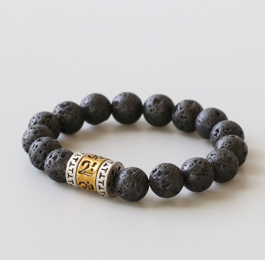 Black Lava Rock Beaded Cuff Bracelet Stackable Men's Women Six True Words OM - Egret Jewellery