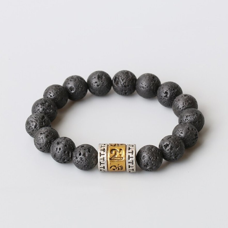 Black Lava Rock Beaded Cuff Bracelet Stackable Men's Women Six True Words OM - Egret Jewellery