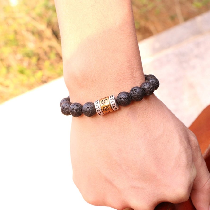 Black Lava Rock Beaded Cuff Bracelet Stackable Men's Women Six True Words OM - Egret Jewellery