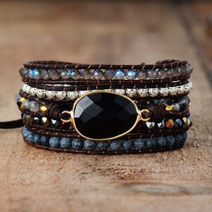 Natural Lava Rock Onyx Geode Tila Beads Beaded Wrap Bracelet Leather Cuff Black - Egret Jewellery