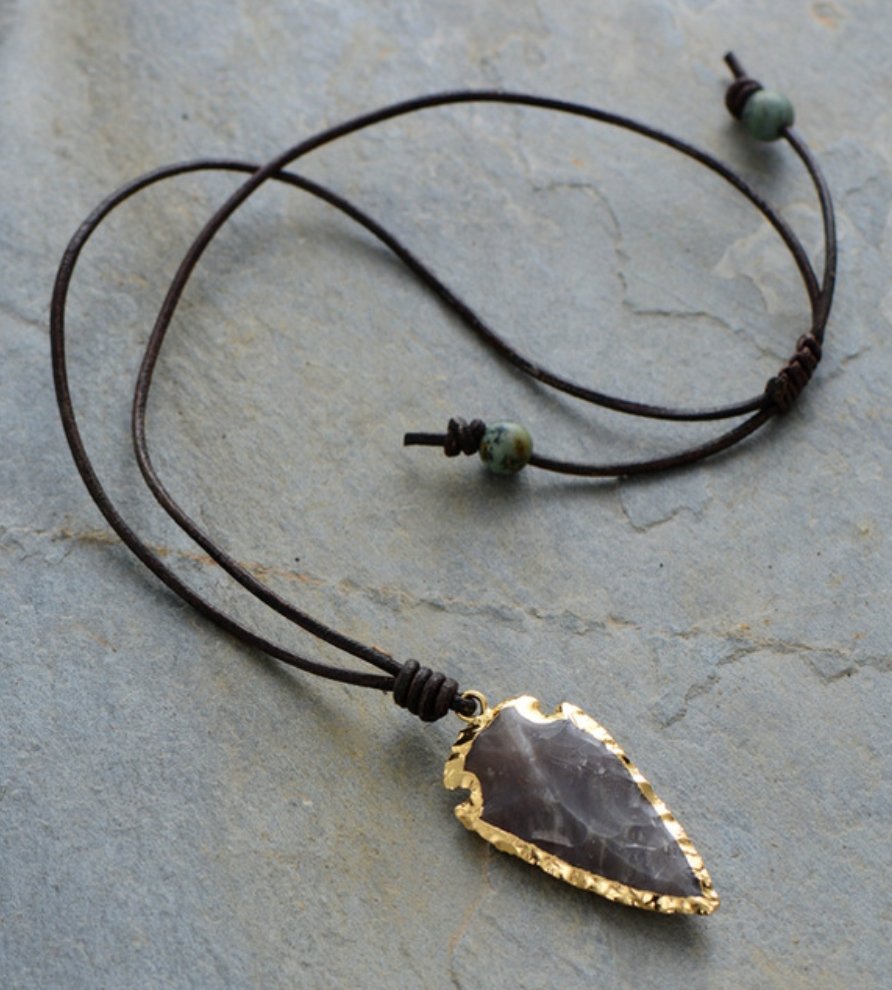 Boho Leather Arrowhead Spear Flint Stone Necklace Men's Women's - Egret Jewellery