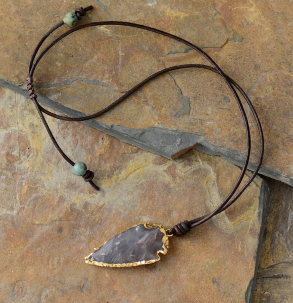 Boho Leather Arrowhead Spear Flint Stone Necklace Men's Women's - Egret Jewellery