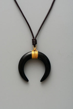 Long Boho Leather Black Agate Horn Necklace - Egret Jewellery