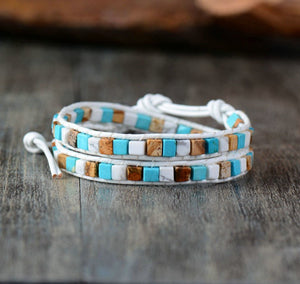 Leather White Howlite & Turquoise Beaded Friendship Wrap Bracelet - Egret Jewellery