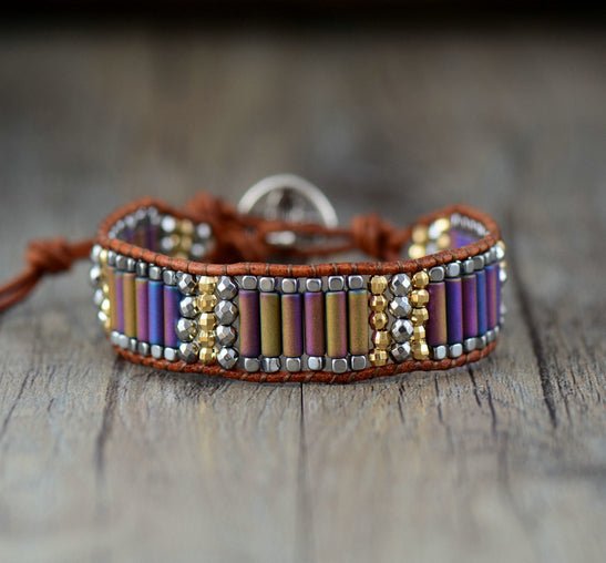 Oblong Leather & Steel Beaded Wrap | Cuff Bracelet - Egret Jewellery