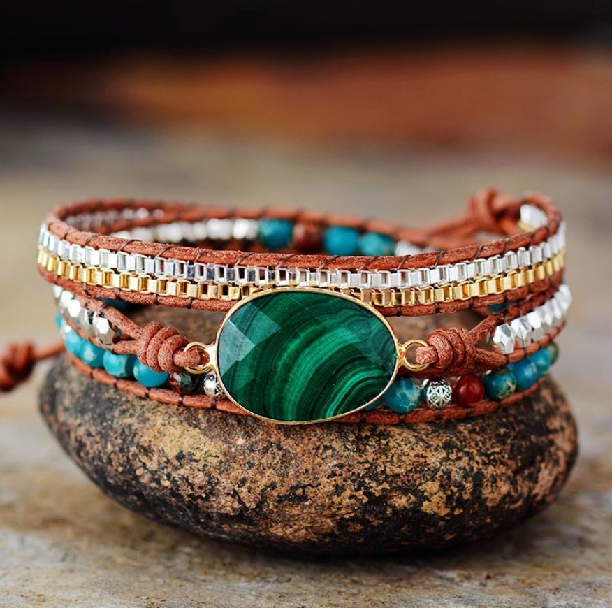 Natural Malachite Geode Beaded Jasper Wrap Bracelet - Egret Jewellery