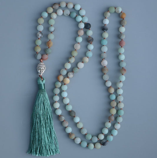 Long Matte Amazonite Beaded Buddha Tassel Necklace - Egret Jewellery