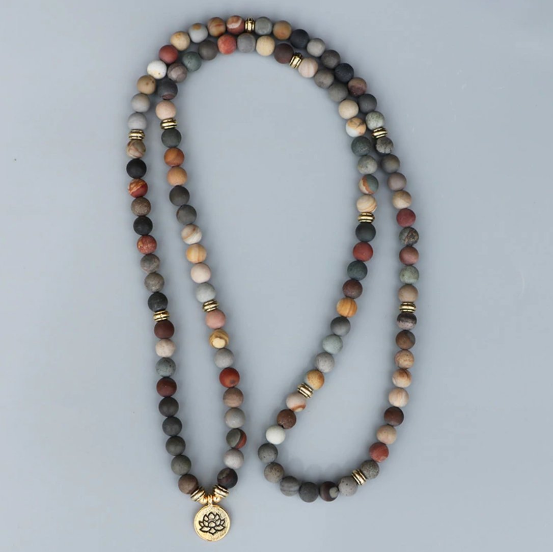 Natural Matt Ocean Stone Beaded Mala Bracelet, Gold Lotus Necklace - Egret Jewellery