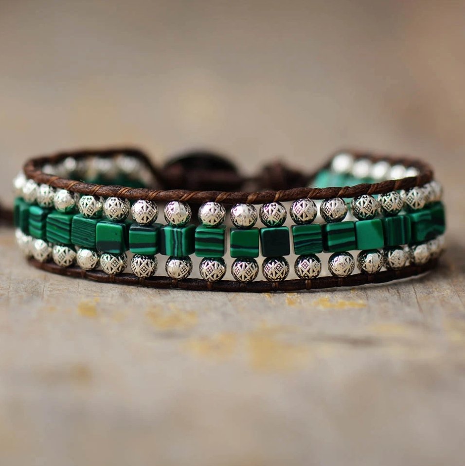 Mens Malachite Tibetan Beaded Cuff Bracelet - Egret Jewellery