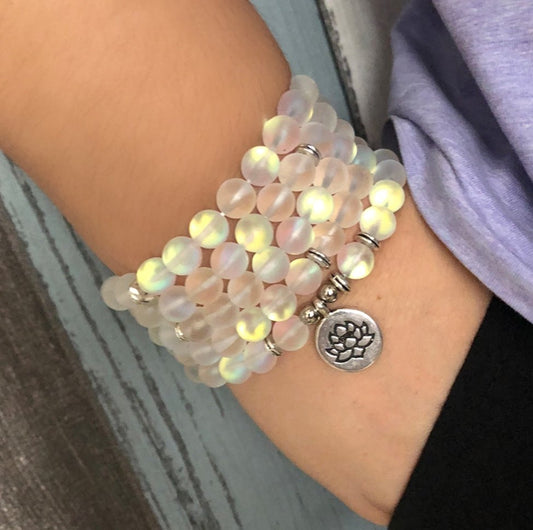 Mermaid Glass Beaded Wrap Bracelet, Mala Beads Necklace Yoga Lotus White - Egret Jewellery