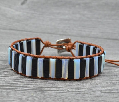 Natural Moonstone | Onyx Beaded Leather Oblong Wrap Cuff Bracelet - Egret Jewellery