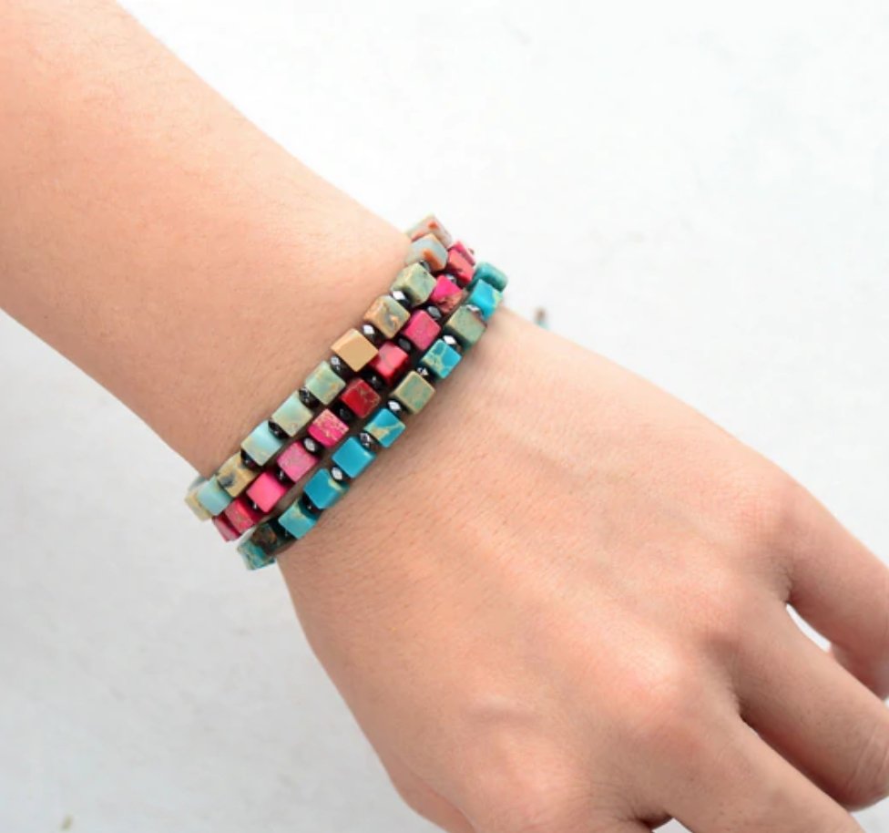 Natural Multi-Coloured Impression Jasper Beaded Stacking Bracelet - Egret Jewellery