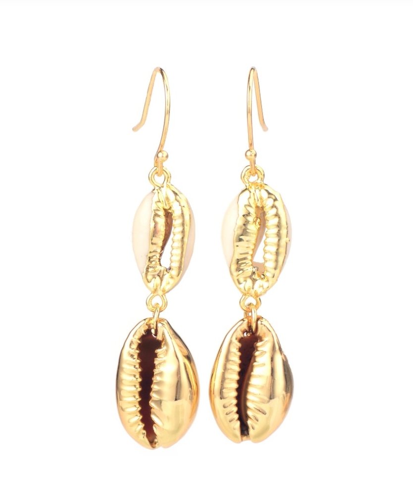 Natural Gold Cowrie Shell Drop Dangle Earrings - Egret Jewellery
