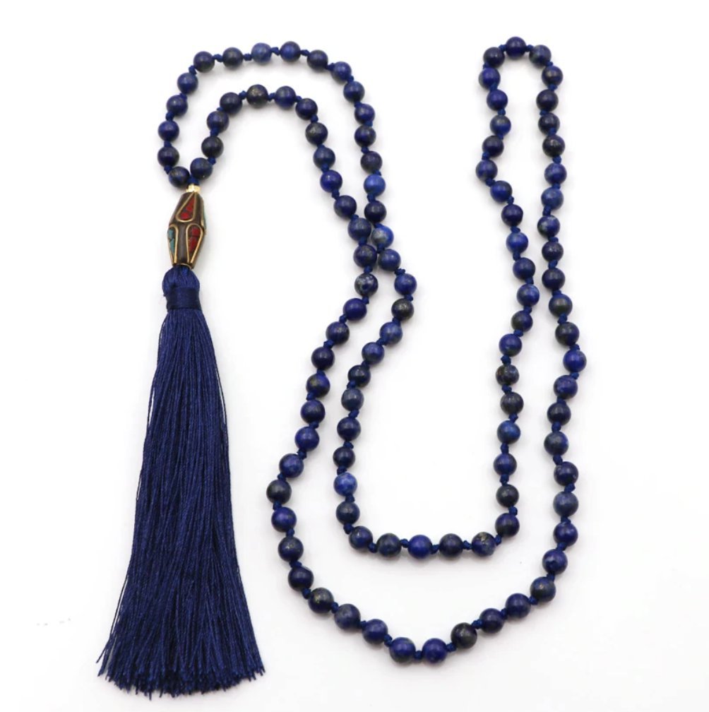 Nepalese Natural Beaded Blue Lapis Lazuli Mala Tassel Necklace 108 Beads - Egret Jewellery