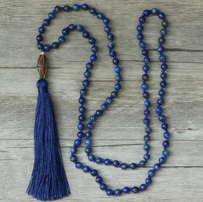 Nepalese Natural Beaded Blue Lapis Lazuli Mala Tassel Necklace 108 Beads - Egret Jewellery